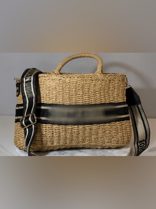 Handbags - Straw Woven Logo-Style Tote Bag w/ Crossbody Strap